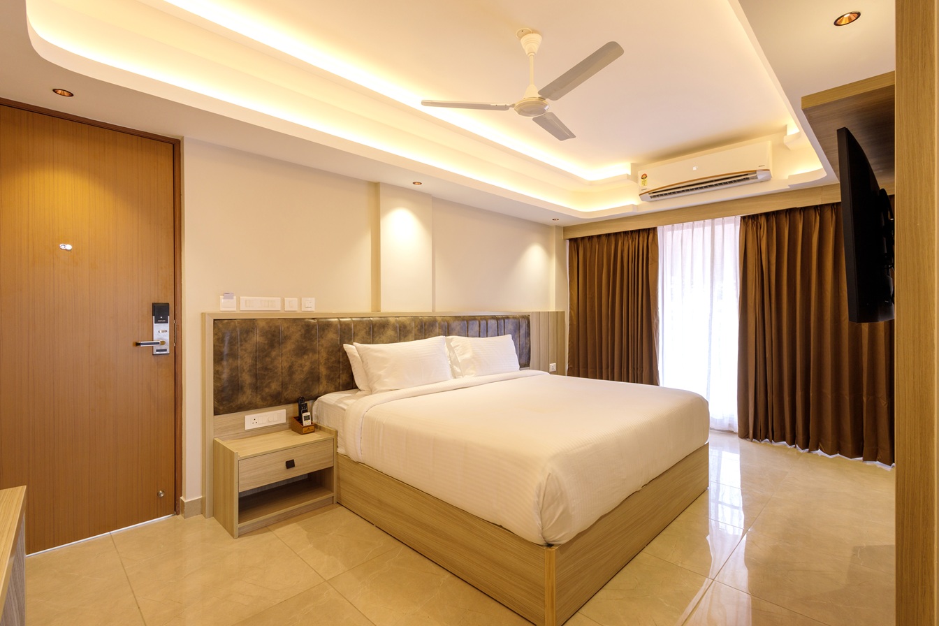 Elegant hotel lobby with modern art and comfortable seating